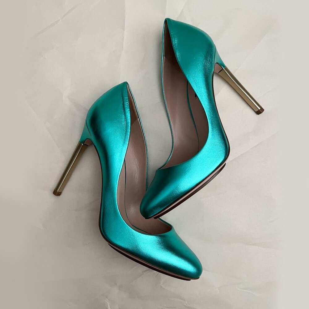 Violavinca Blue-Green Metallic Leather Pumps Size EU 37.5 Made in Italy